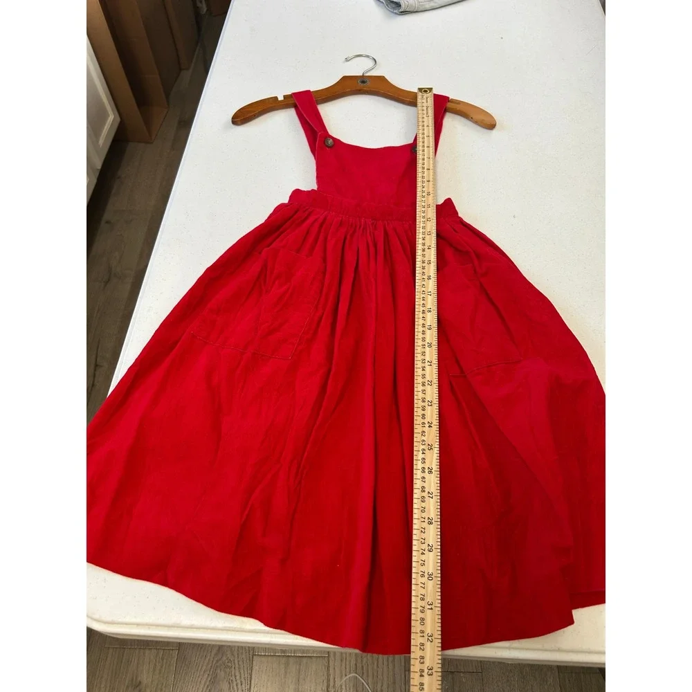 Ralph Lauren Girls Red Corduroy Pinafore Jumper Dress Size 7 Vintage Pockets